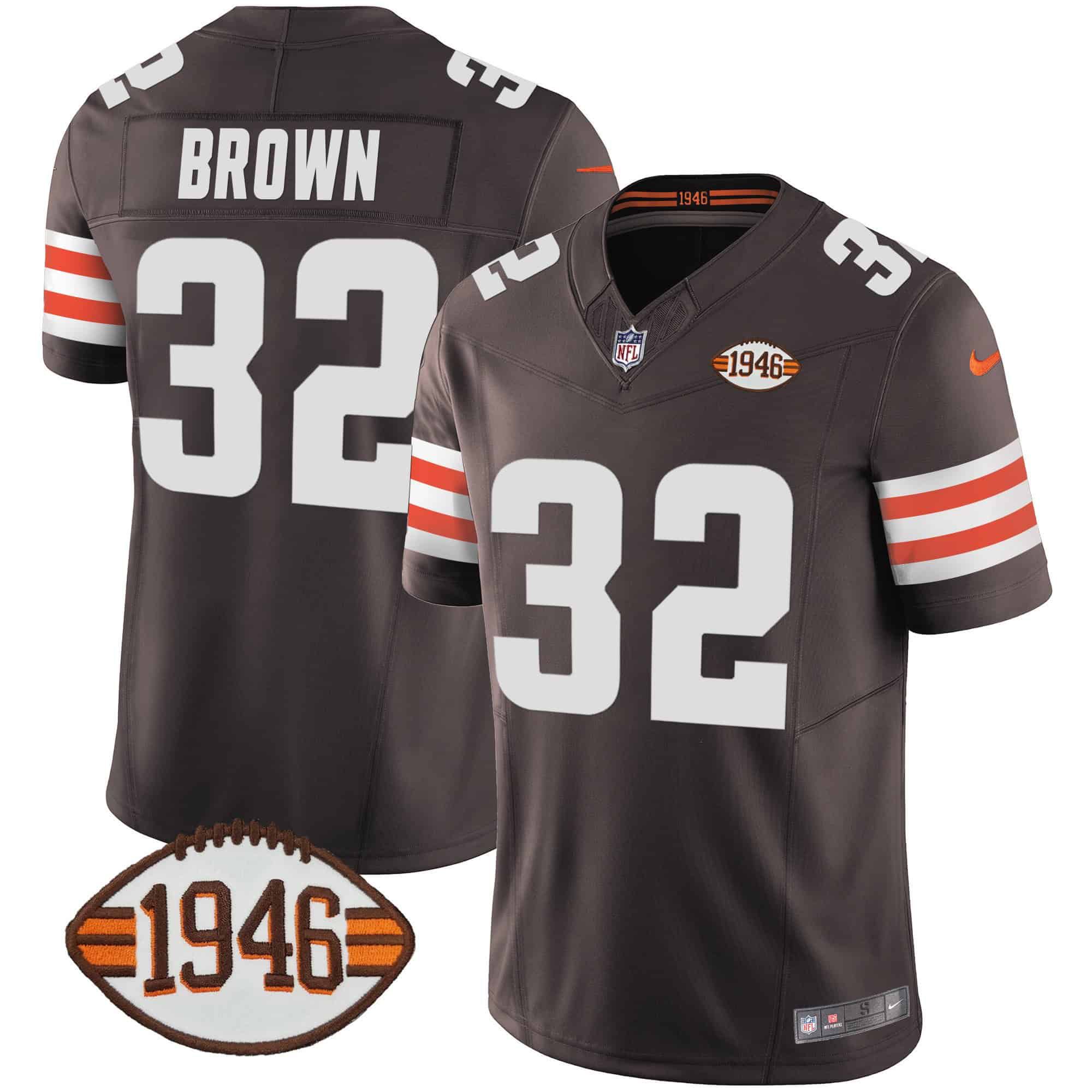 Men Cleveland Browns 32 Brown Brown 1946 75th Anniversary Patch 2024 Nike NFL Jersey style 1